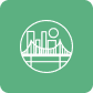 City skyline with bridge and sun icon.