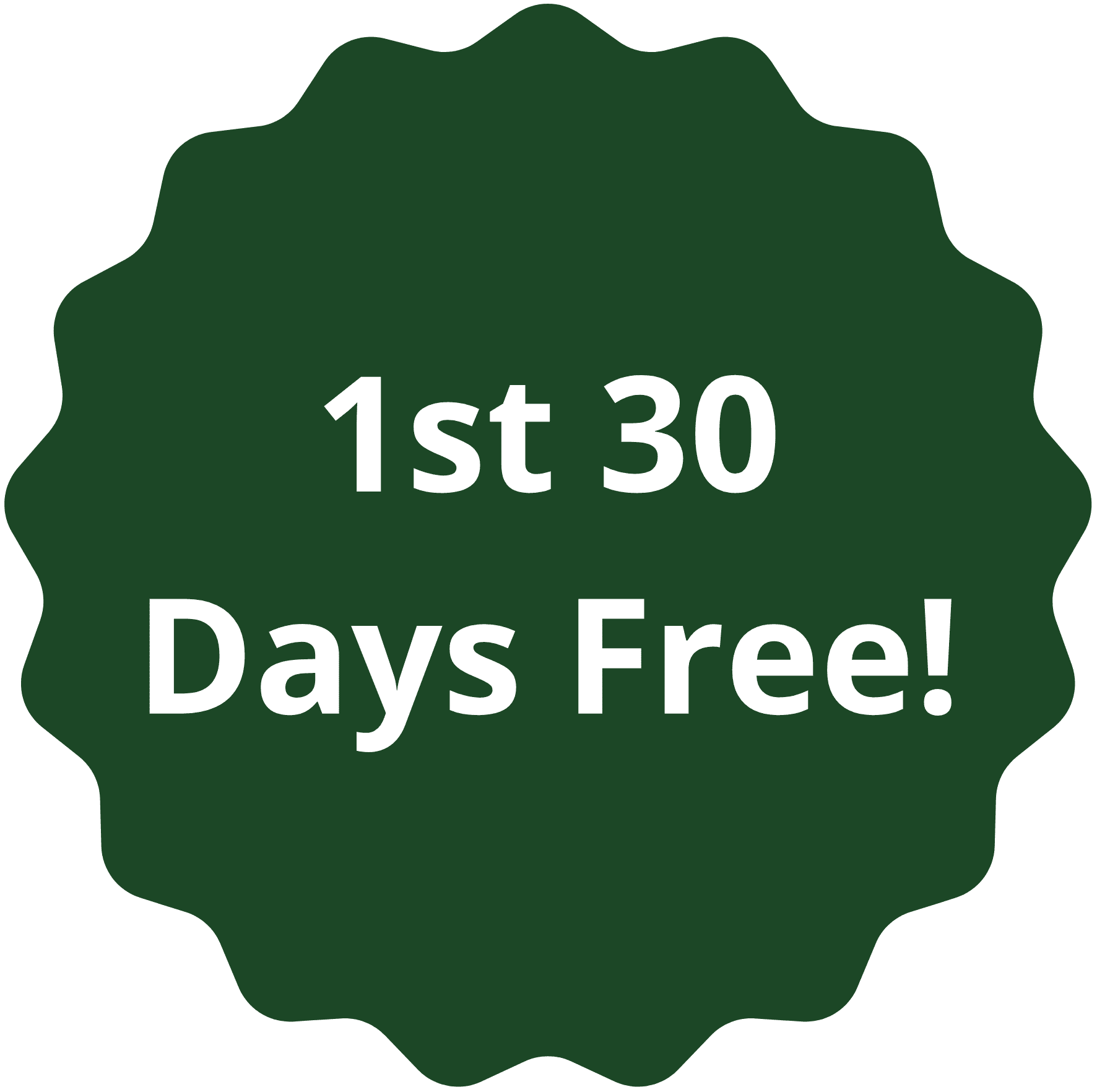 Star-shaped badge offering first 30 days free.