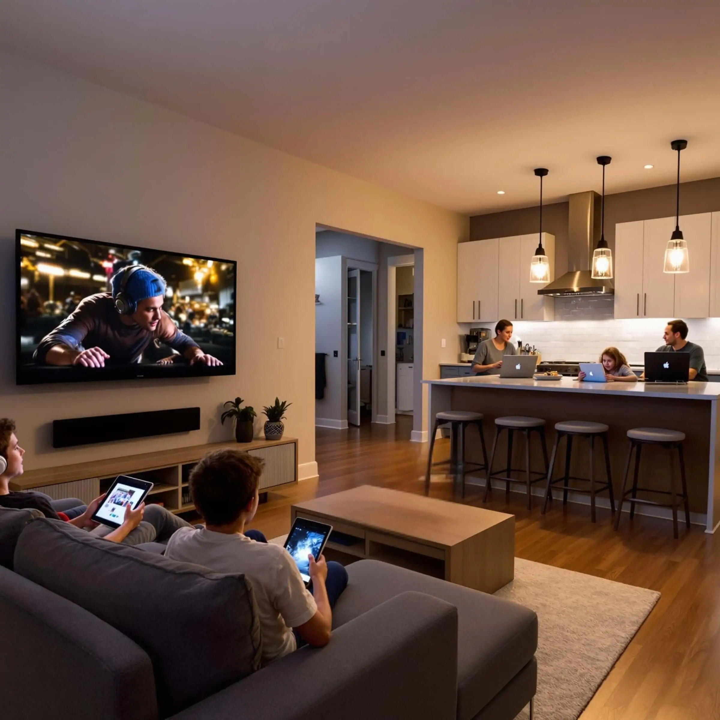 Family using devices in modern living room, kitchen.